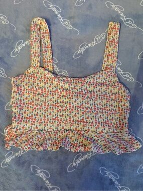 Forever 21 White Floral Ruffle Crop Tank with Red & Yellow Flowers